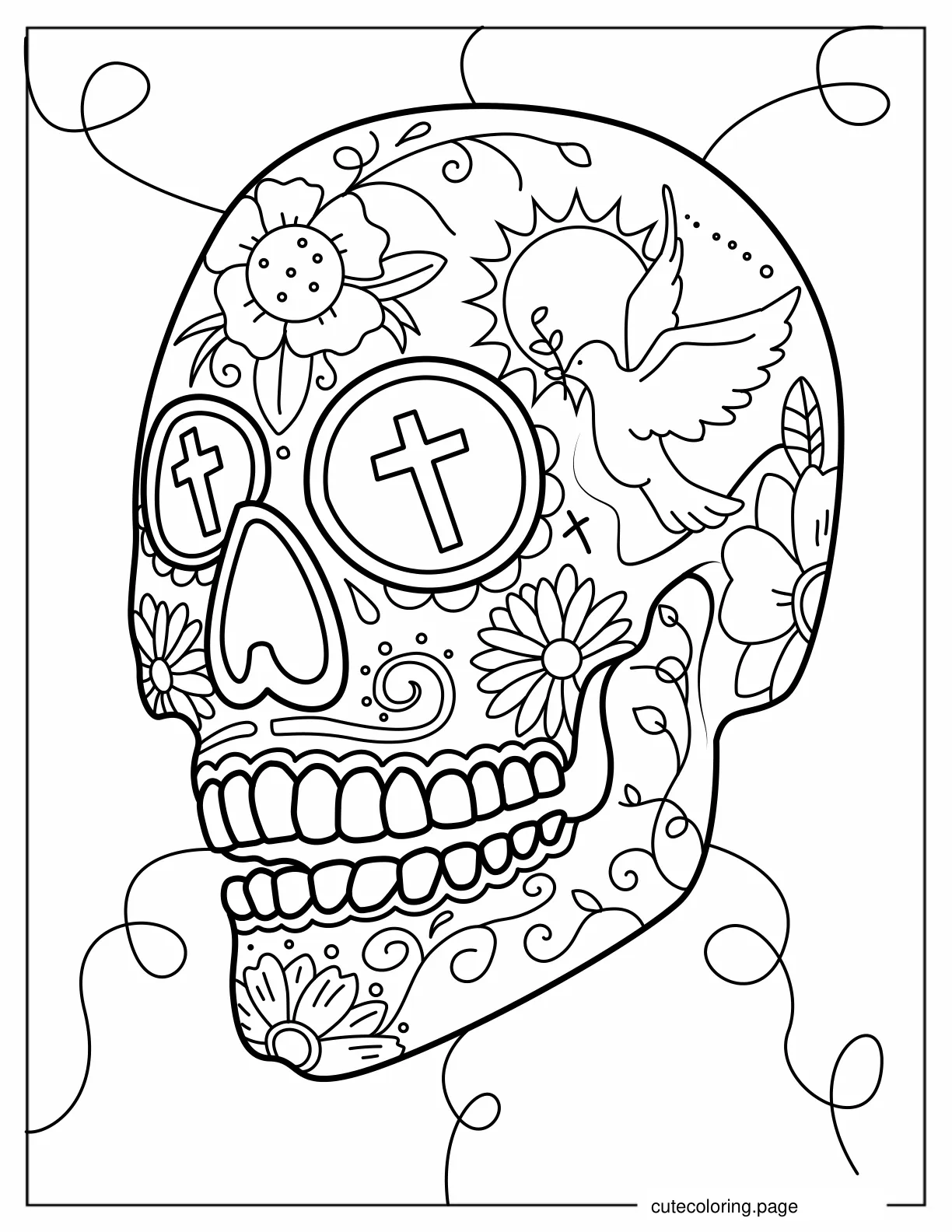 Coloring Sheet of Sugar Skull with Cross in Eyes coloring page