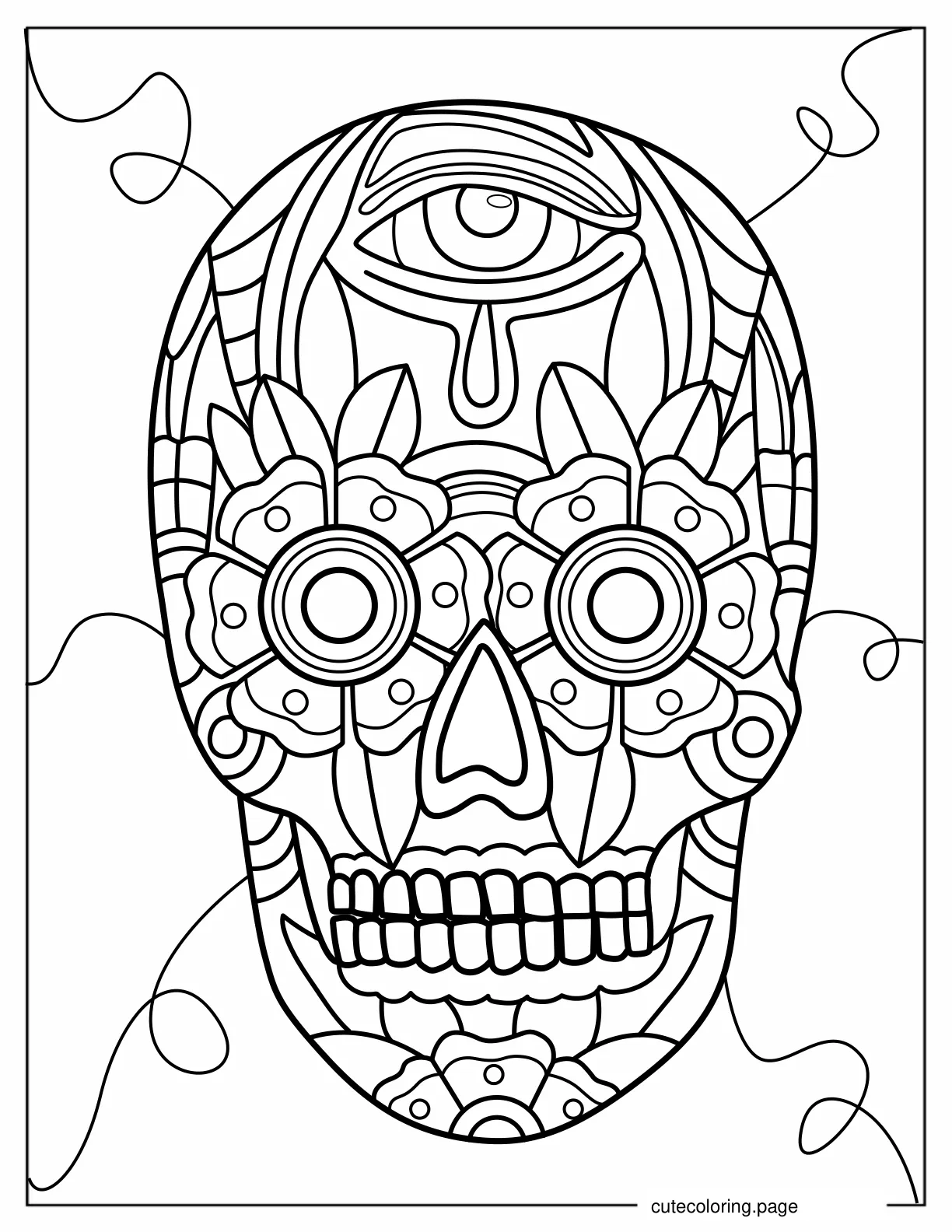 Detailed Sugar Skull with Third Eye coloring page