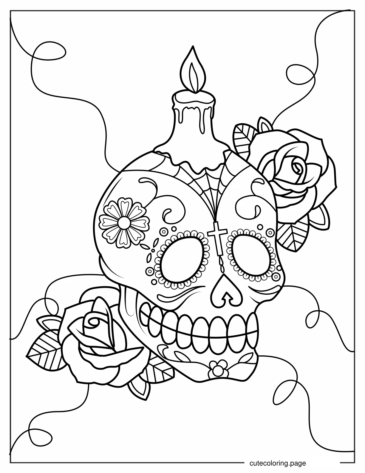 Sugar Skull with Melting Candle and Cross coloring page