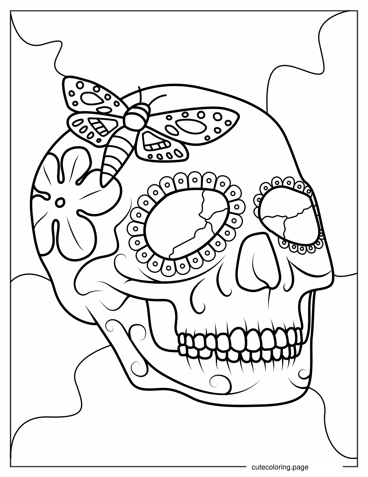 Sugar Skull with Moth on Top Coloring In coloring page