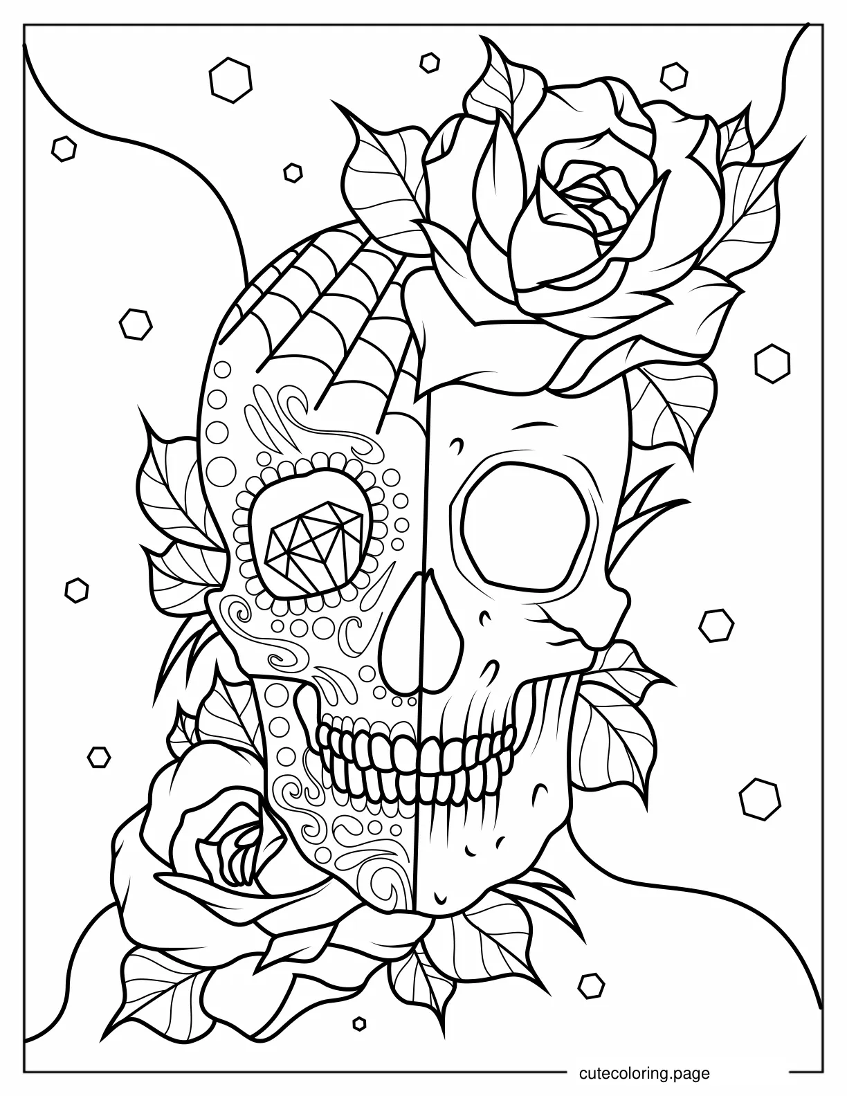 Two Faced Sugar Skull with Roses coloring page