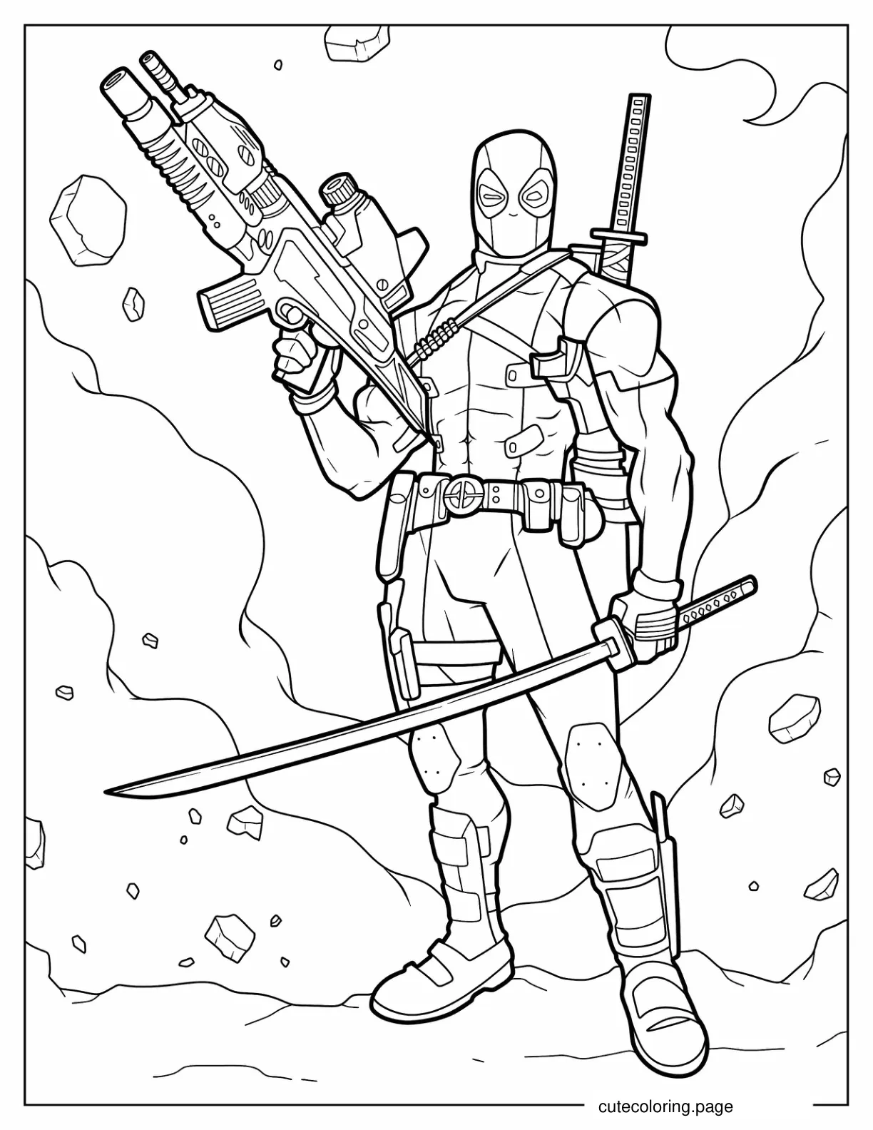 Deadpool Holding Huge Gun And Katana coloring page