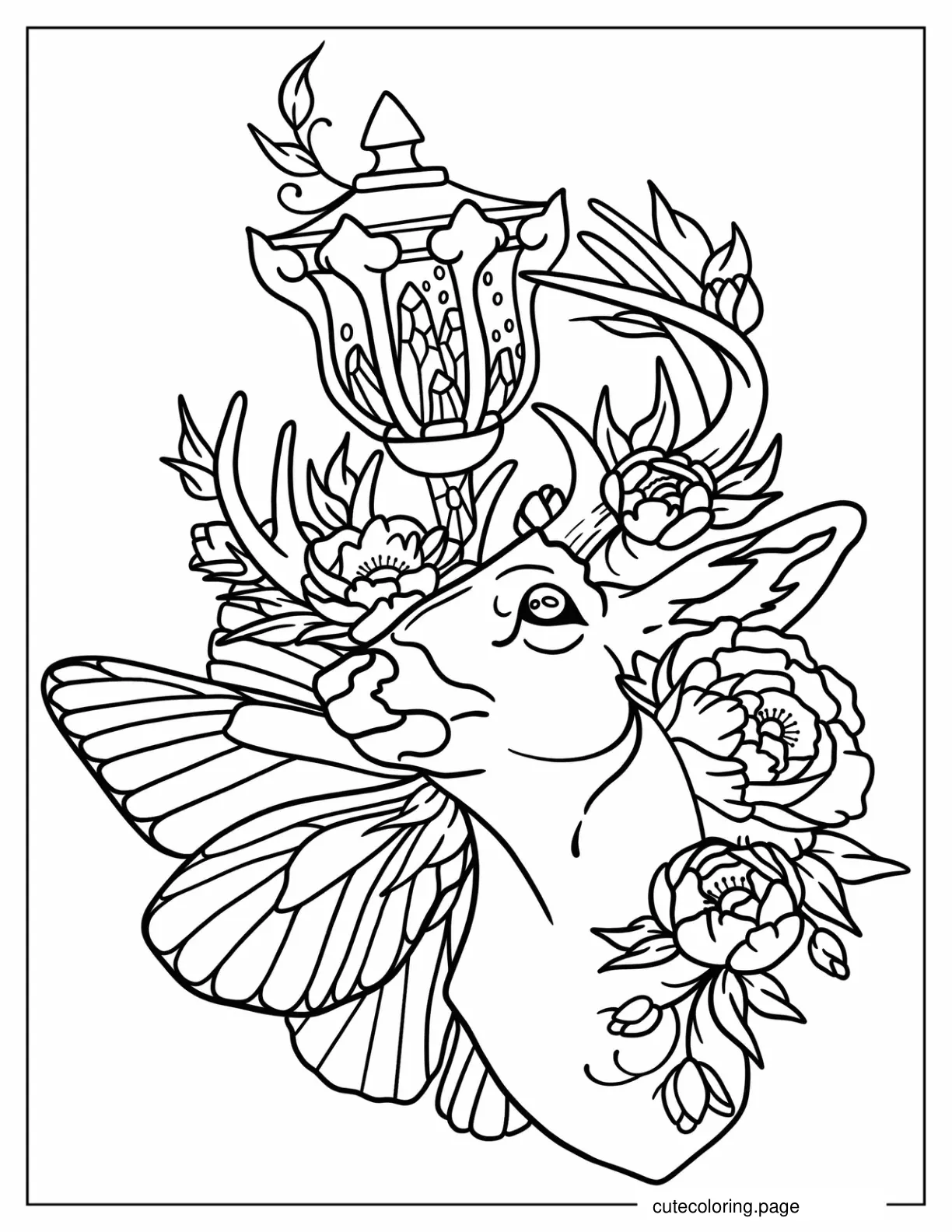 Deer With Flowers Butterfly Wings And Lamp Tattoo Coloring Sheet coloring page