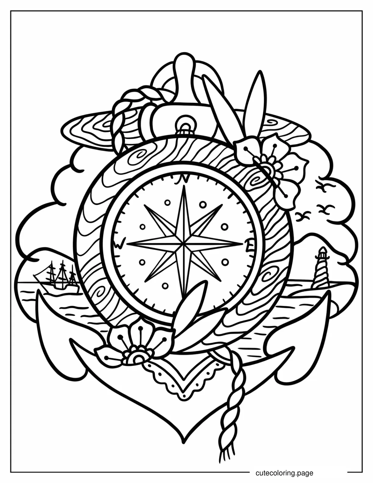 Detailed Compass And Anchor Sailor Tattoo Coloring Sheet For Kids coloring page