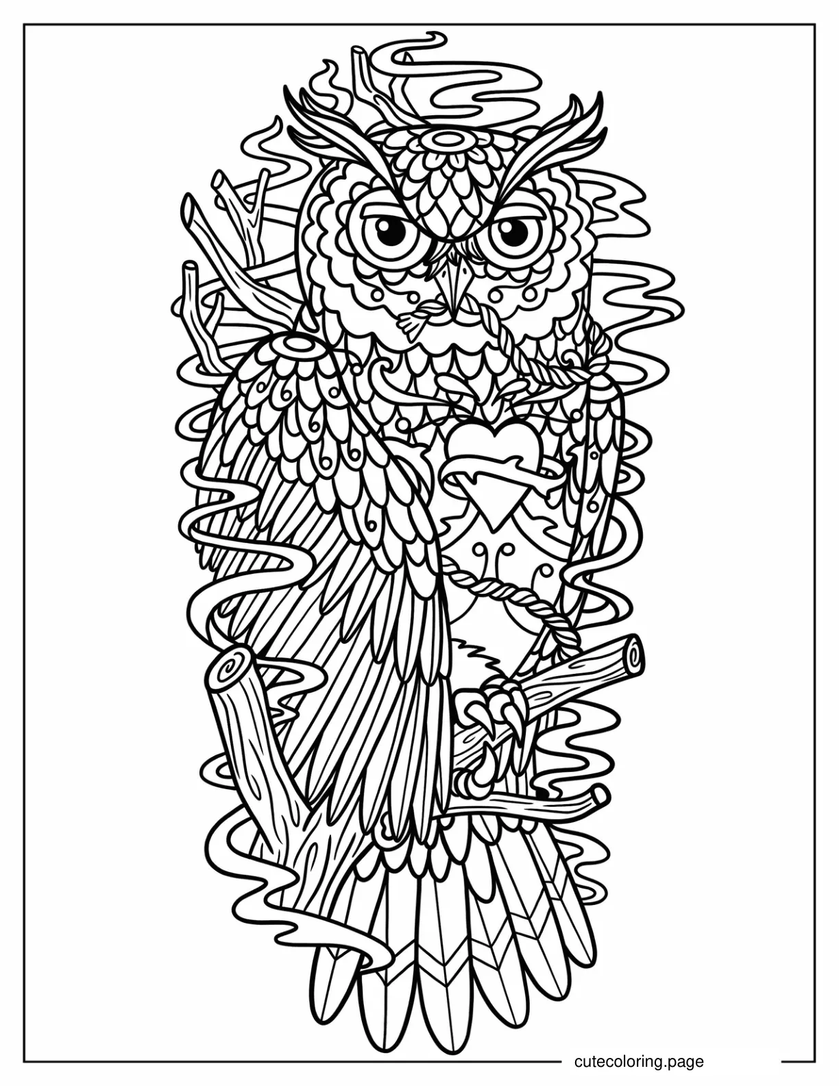 Intricate Owl Design Surrounded By Twigs And Smoke Tattoo coloring page