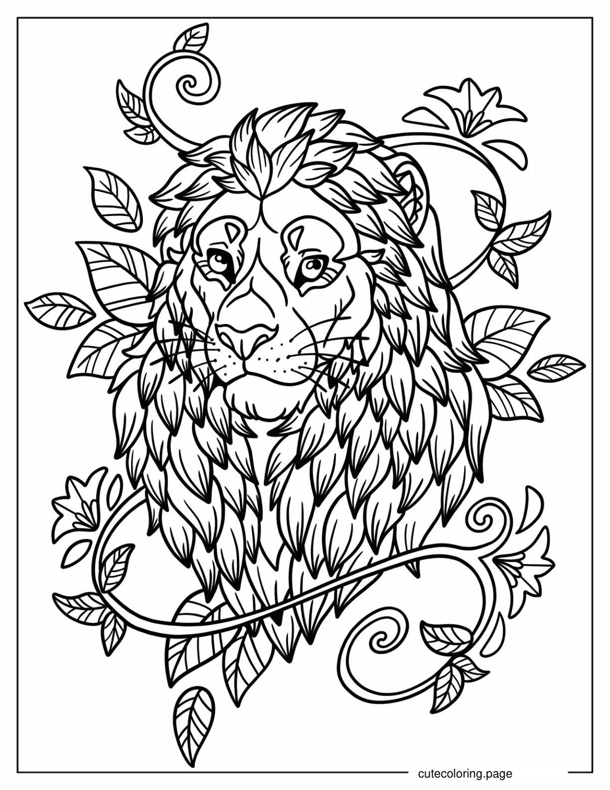 Lion Head Surrounded By Leaves Tattoo Coloring Sheet coloring page