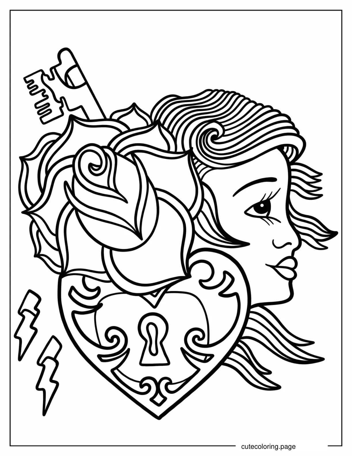 Lock And Key With Rose And Girl Tattoo Coloring Page coloring page