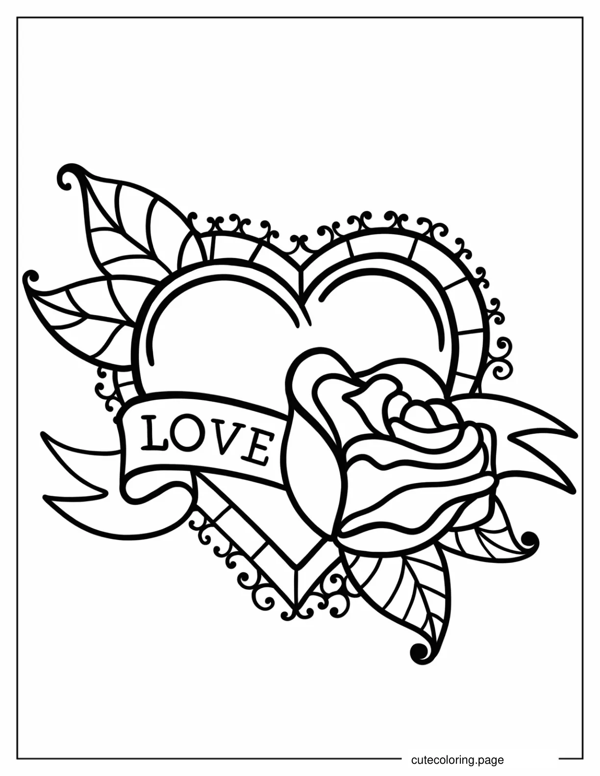 Love Heart With Rose Tattoo Coloring Sheet For Kids coloring page