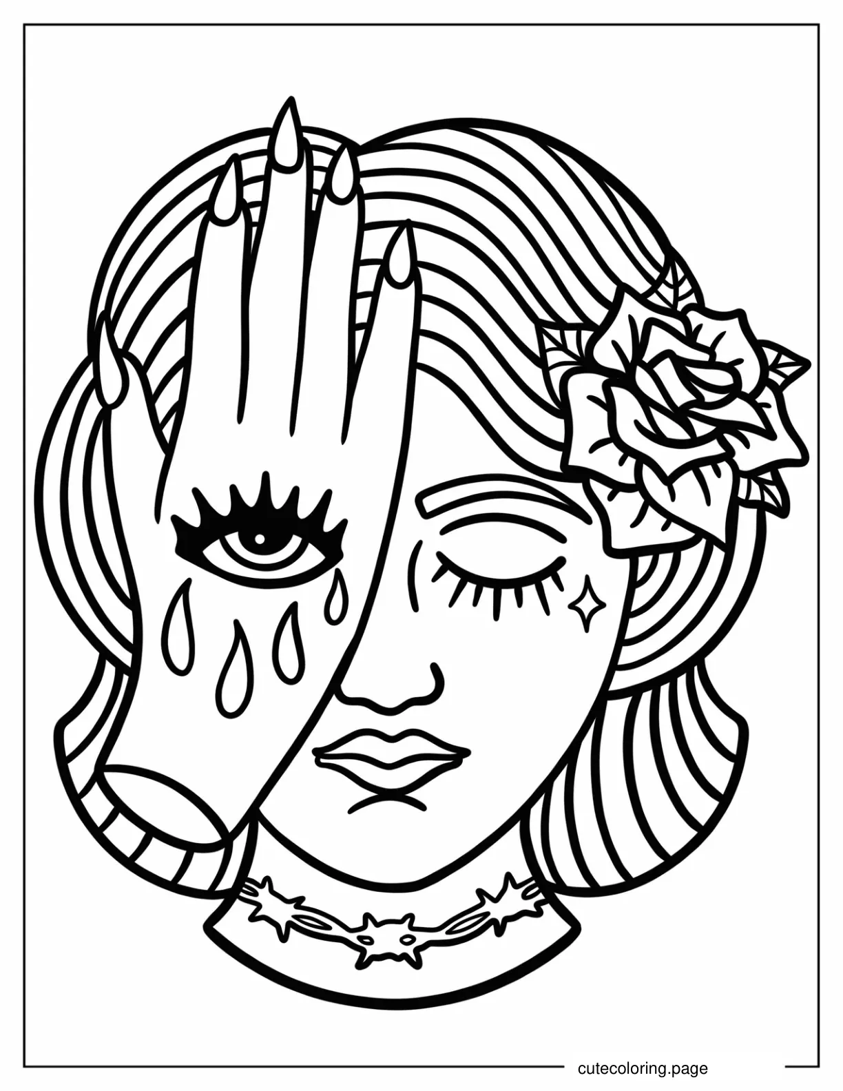 Maiden Covering One Side Of Face Bleeding Eye Tattooed Hand coloring page