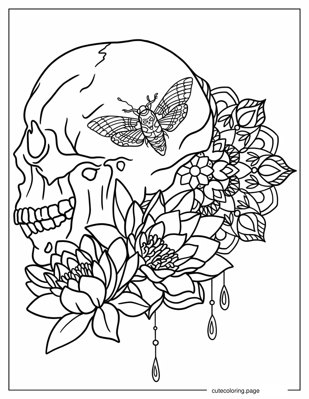 Realistic Skull With Moth And Flowers Tattoo Coloring Page For Adults coloring page