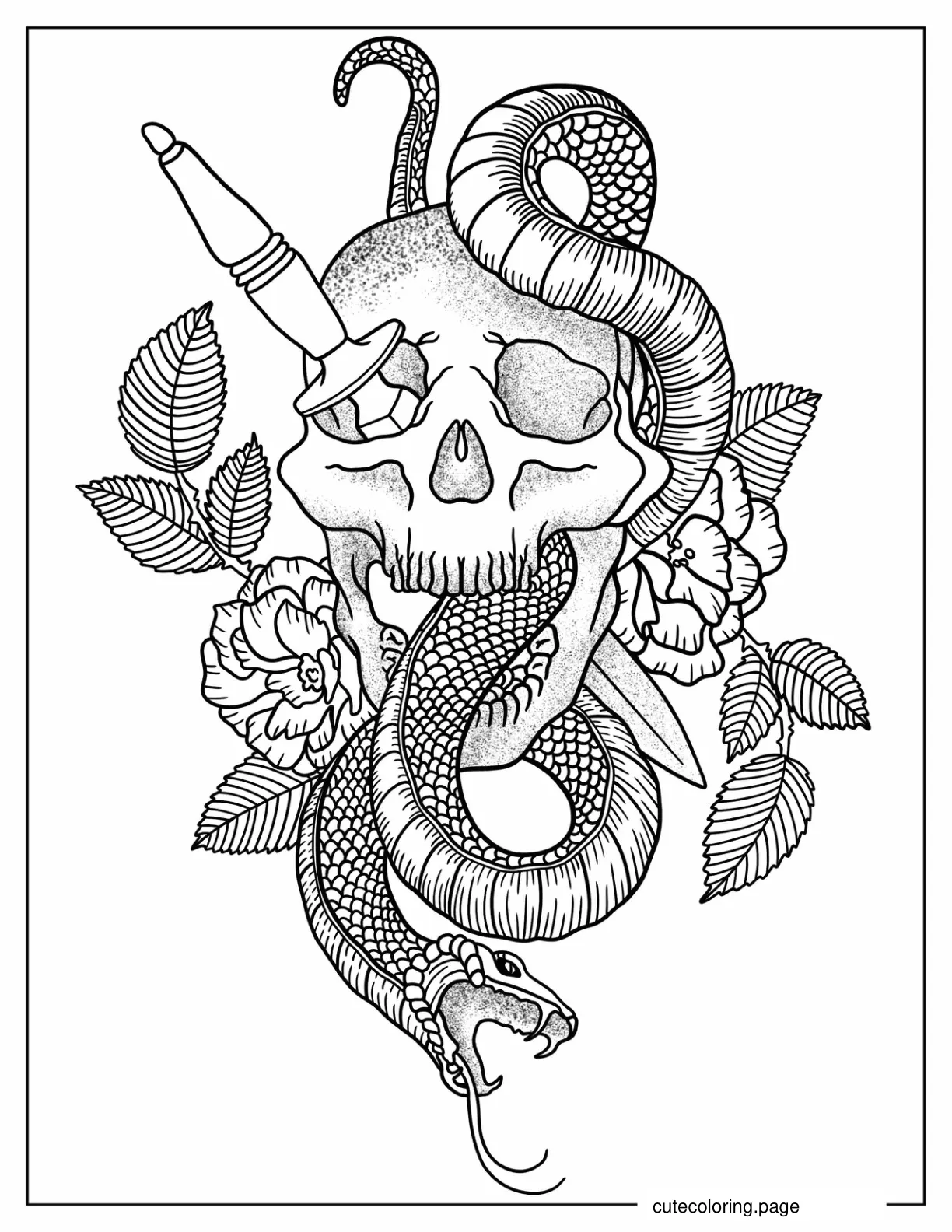 Skull Snake And Dagger Tattoo coloring page