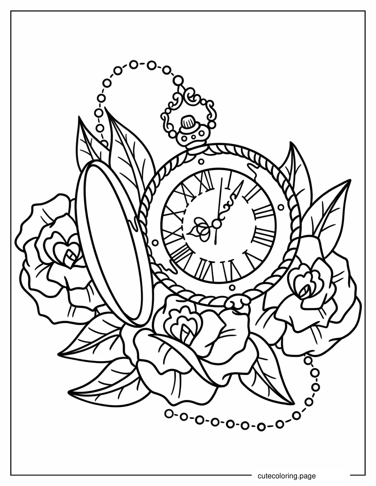 Vintage Pocket Watch With Roses Tattoo coloring page