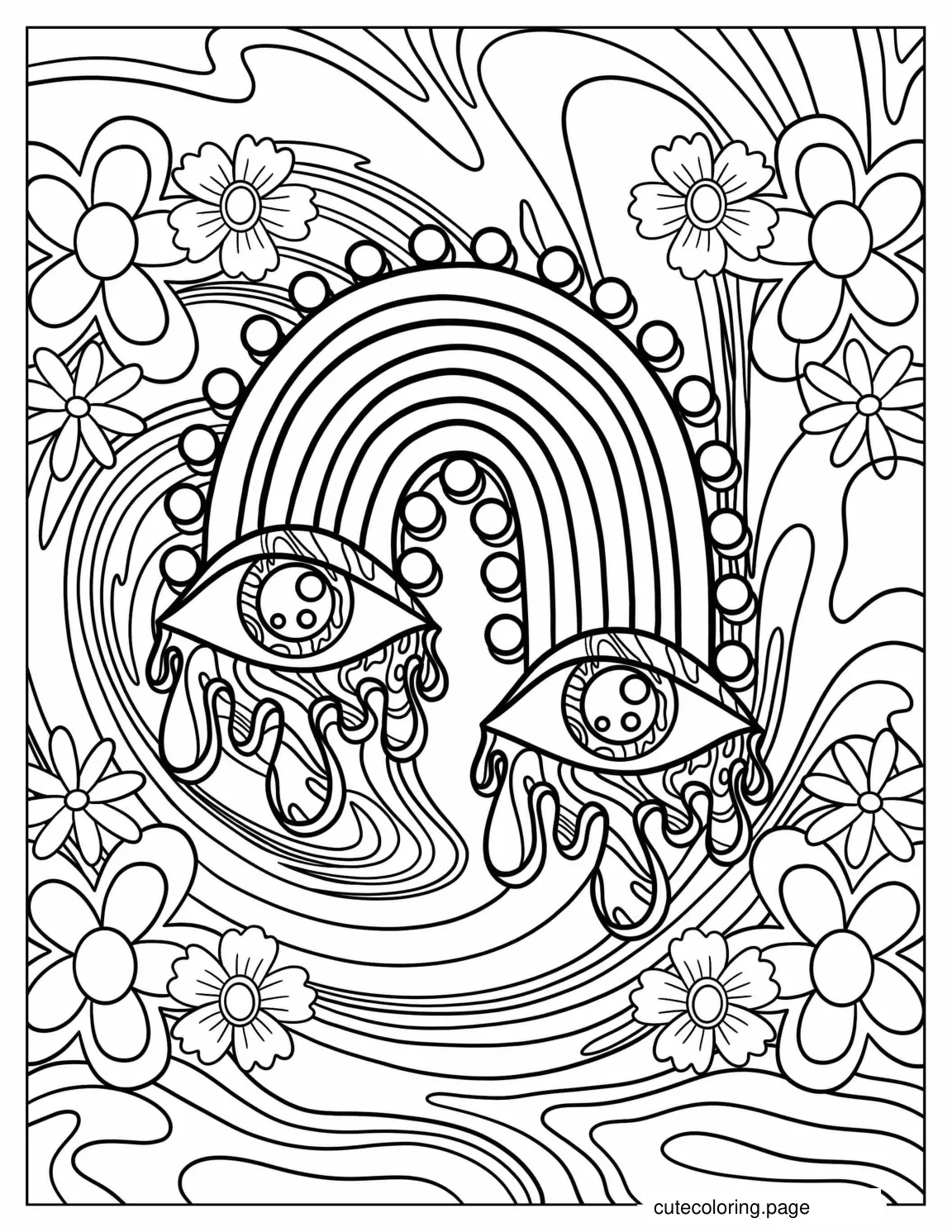 1970s Style Trippy Coloring Page Wit Eyes And Rainbows coloring page