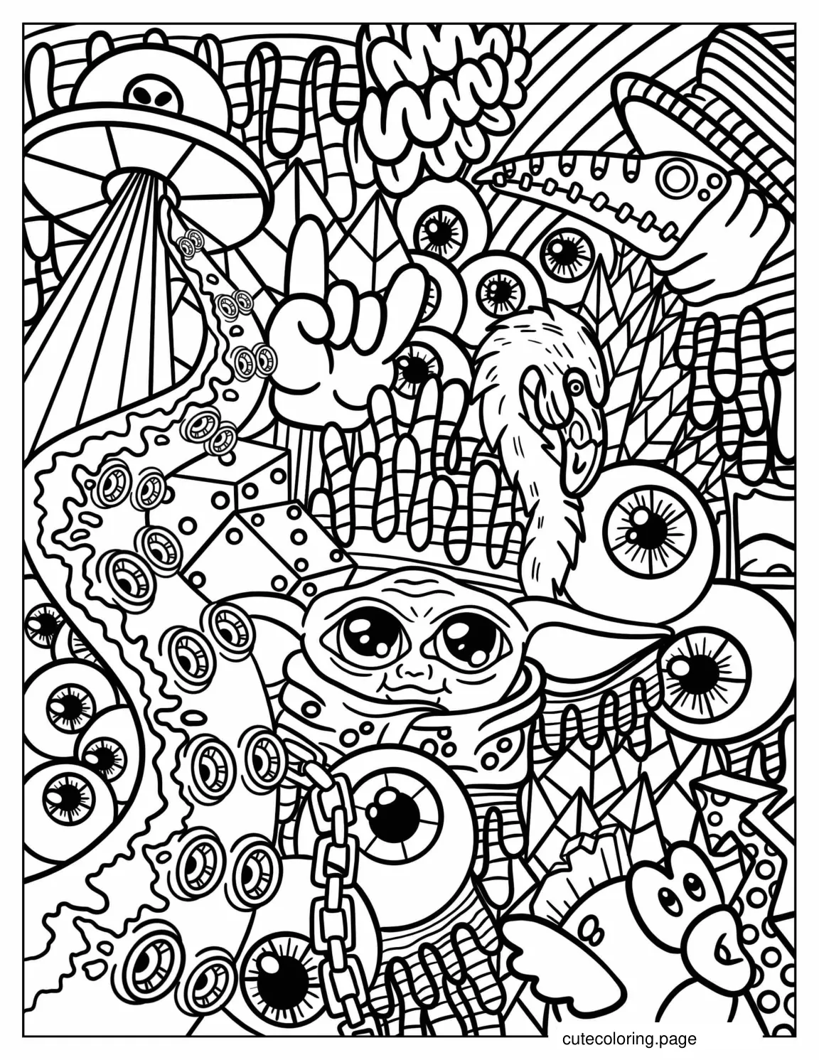 Baby Yoda And Alien Trippy Coloring Page coloring page