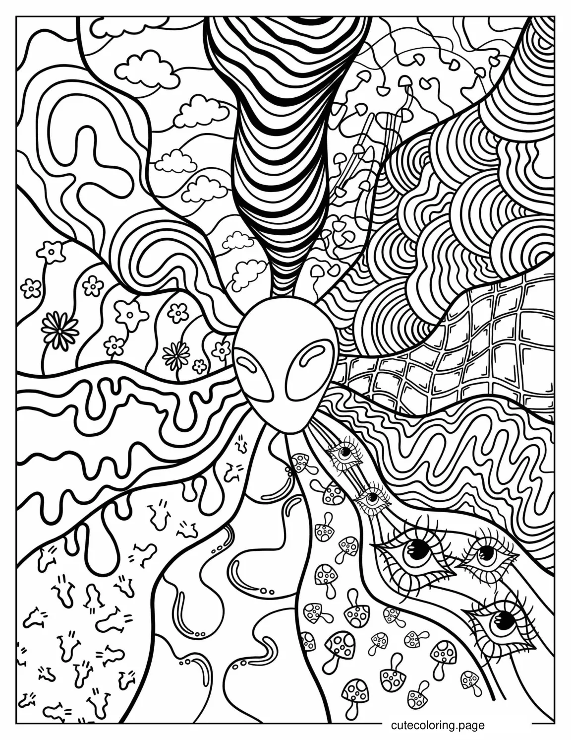 Cosmic And Trippy Zentangle With Alien coloring page