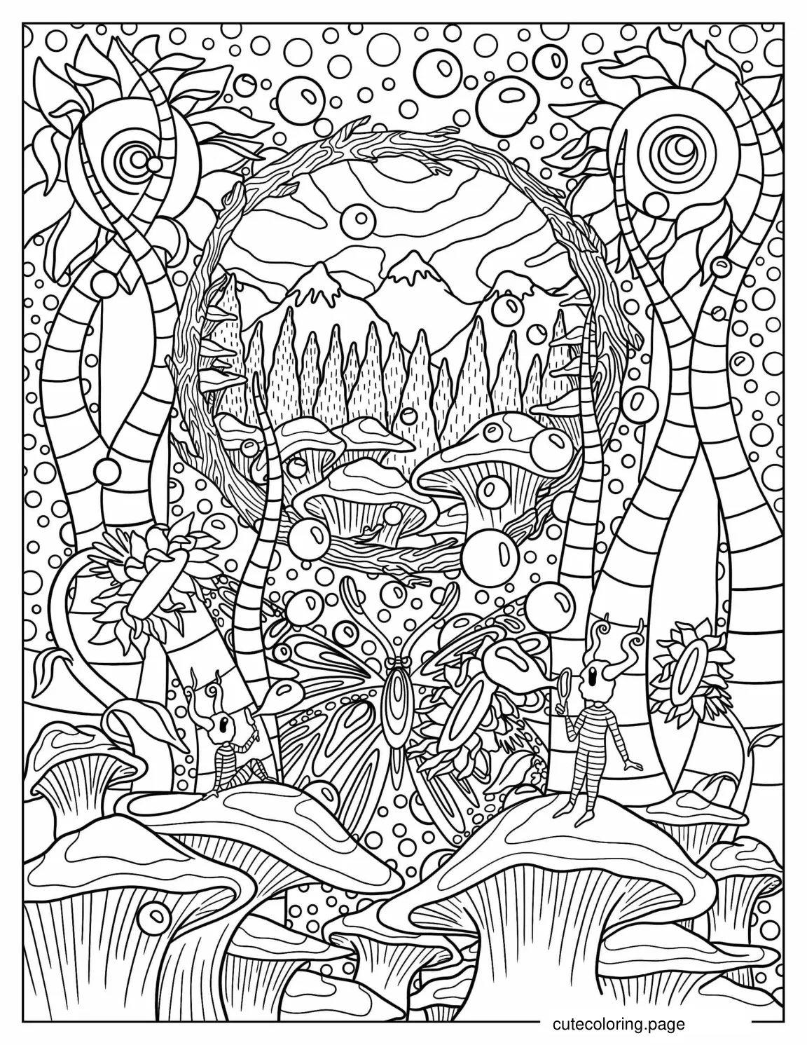 Dreamlike Mushroom Forrest Coloring Sheet coloring page