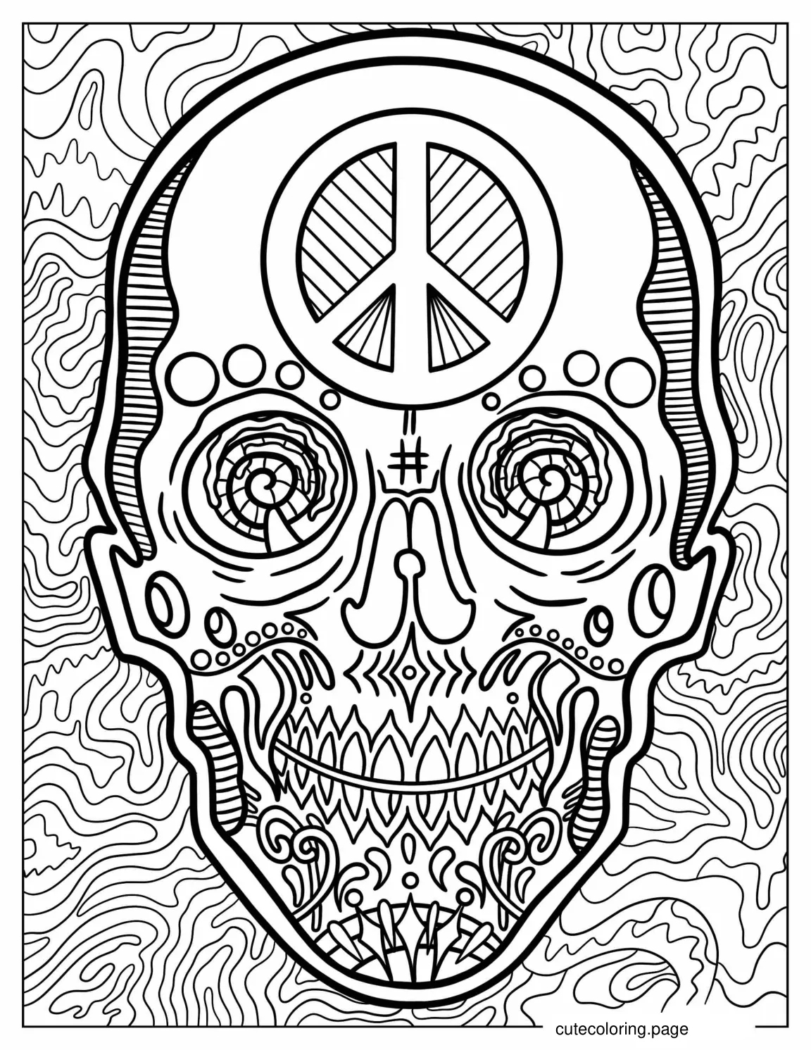 Surreal Skull Drawing With Peace Sign To Color coloring page