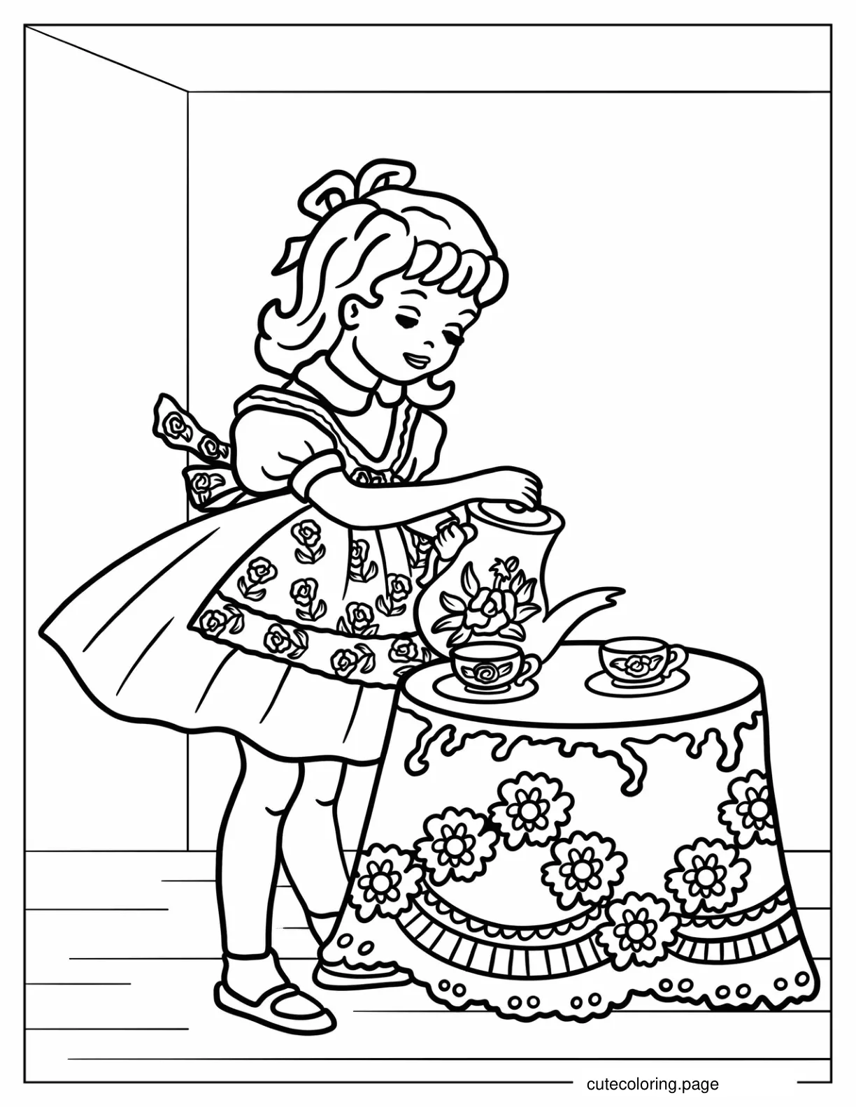 Adorable Little Girl Playing Tea Party Coloring Sheet coloring page