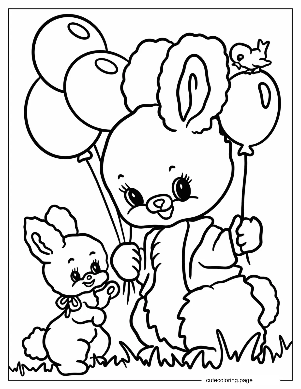 Kawaii Vintage Rabbits Holding Balloons Coloring Sheet For Preschoolers coloring page