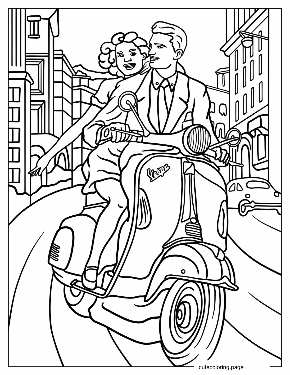 Man And Woman Riding A Vespa Vintage Coloring Page coloring page