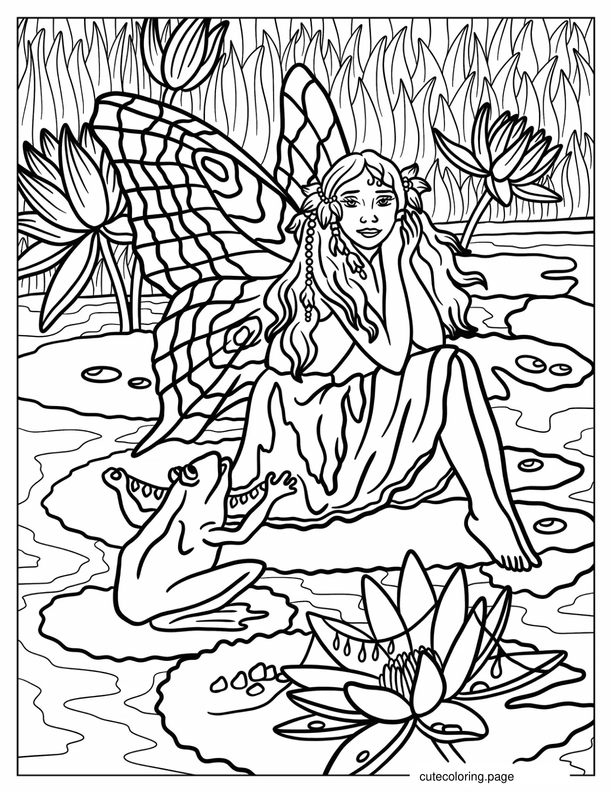 Vintage Fairy Sitting On A Lily Pod Coloring Page coloring page