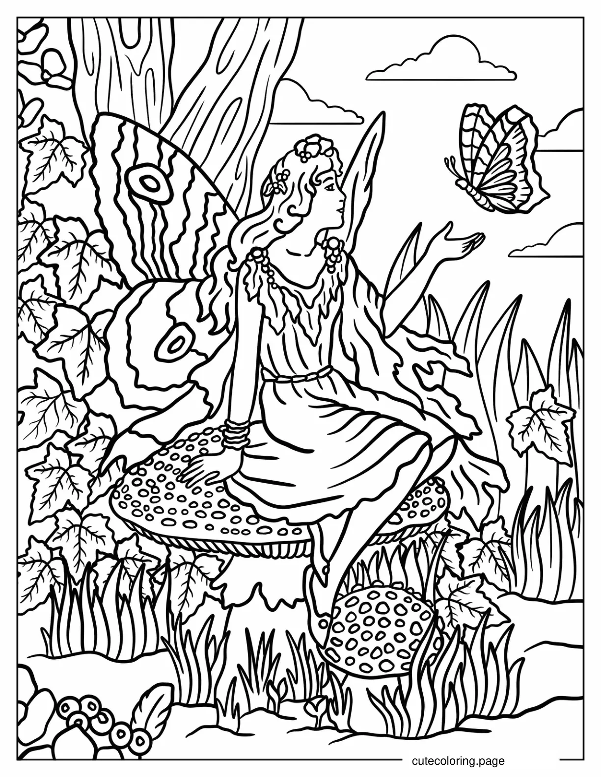 Vintage Fairy Sitting On A Mushroom Coloring Sheet For Kids coloring page