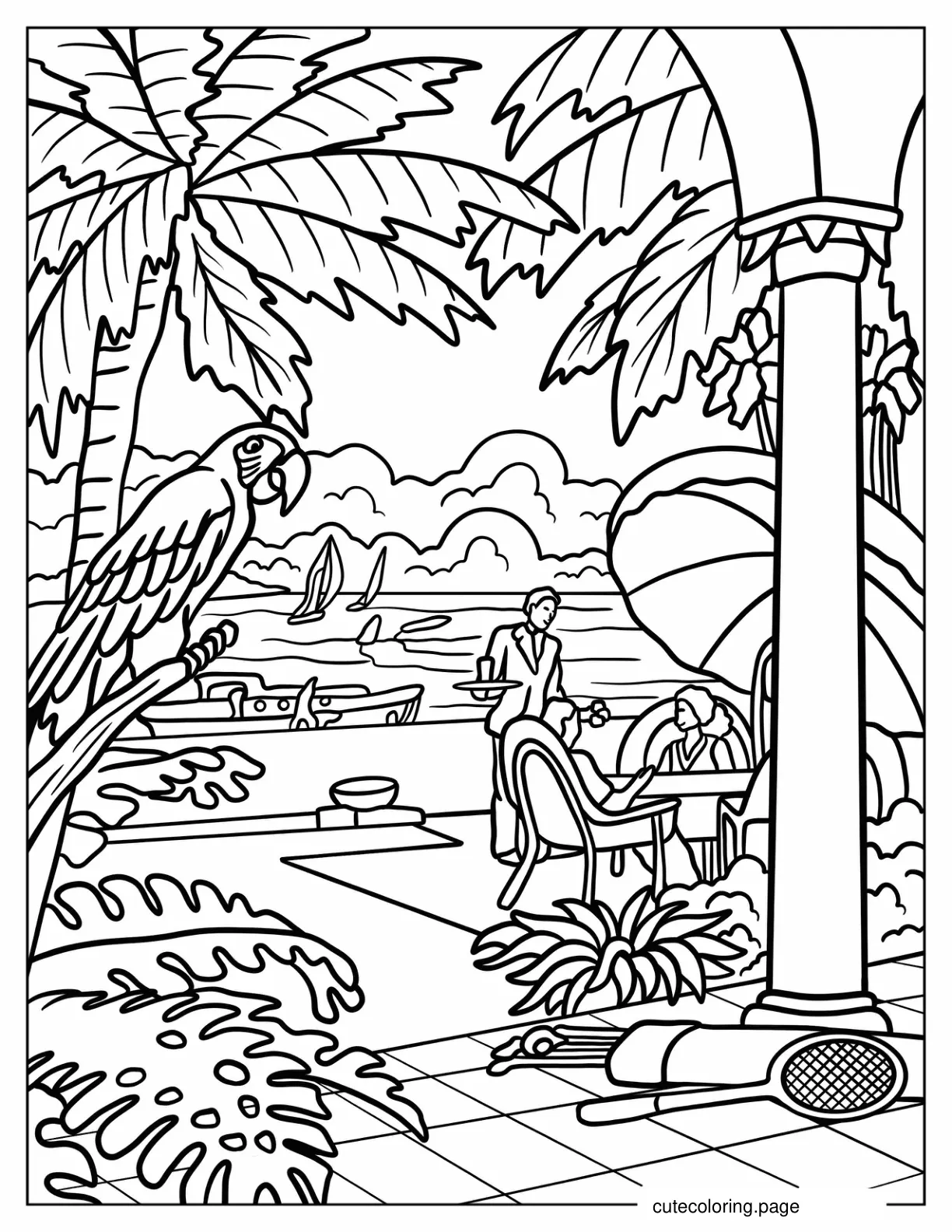 Vintage Florida Resort Beach Scenery Coloring Page coloring page