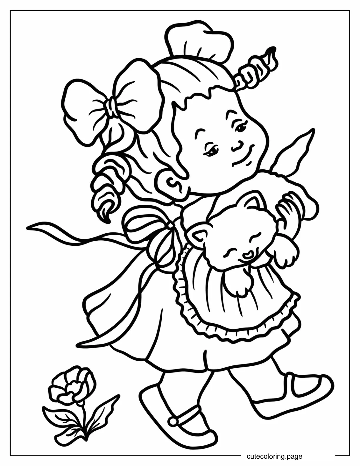 Vintage Little Girl Carrying A Cat Coloring Sheet For Kids coloring page