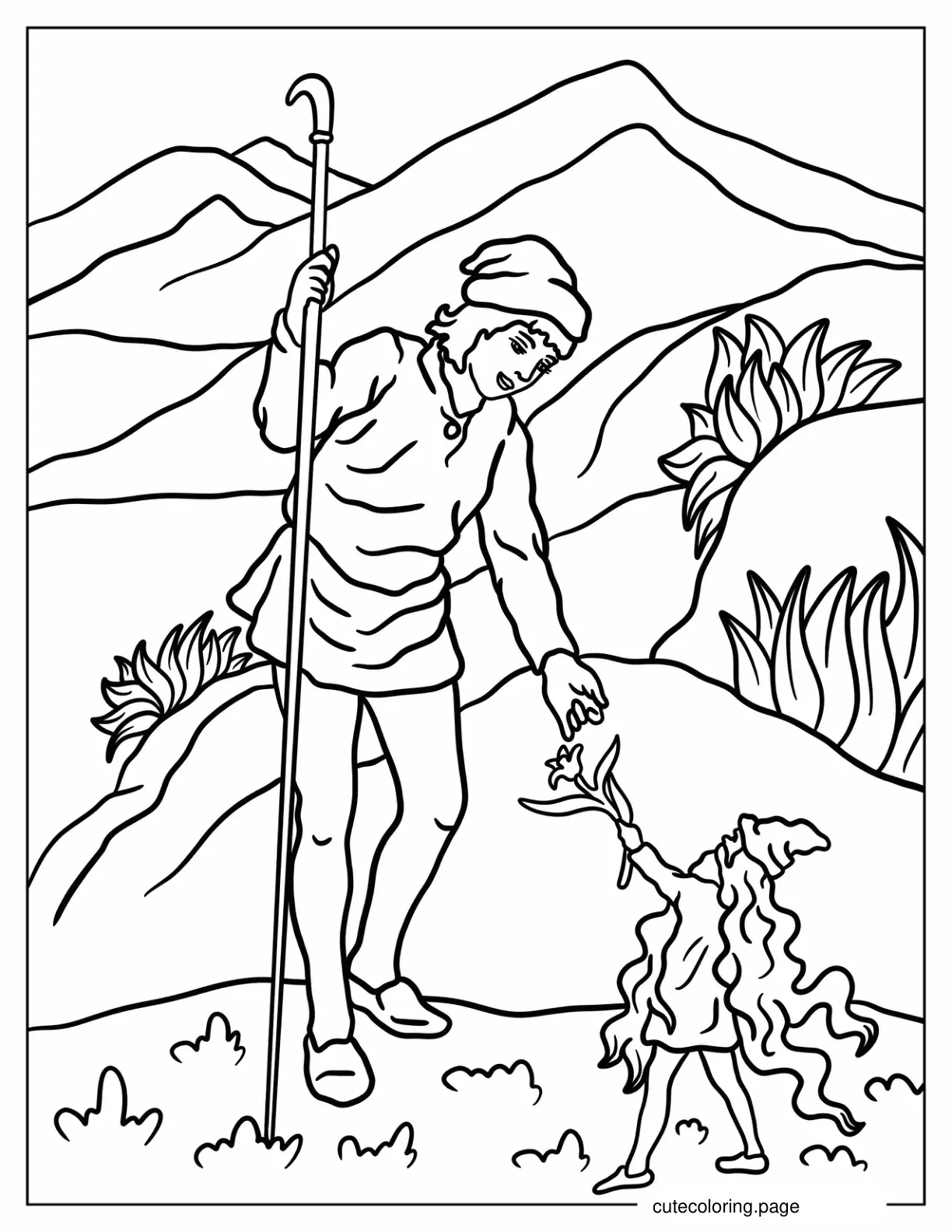 Vintage Shepherd Boy Accepting Flower From Elf Coloring Page coloring page