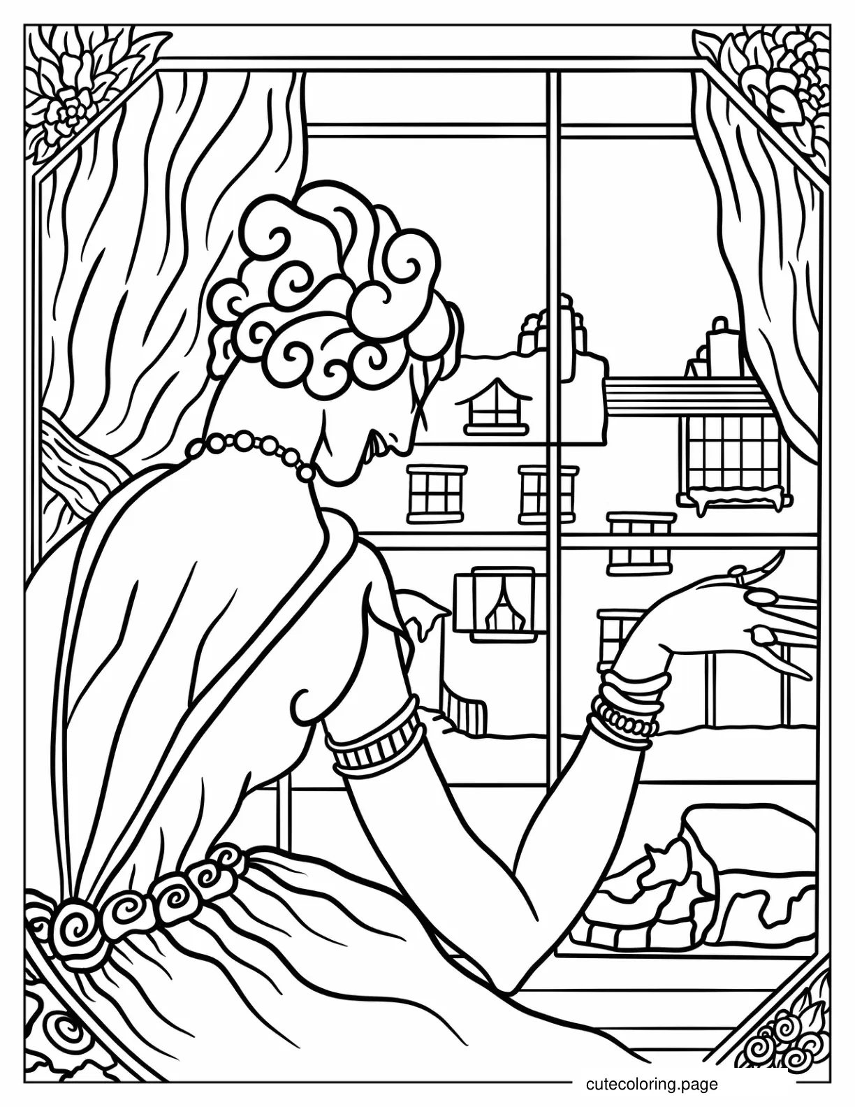 Vintage Socialite Peering Out Of Window Coloring Page For Adults coloring page