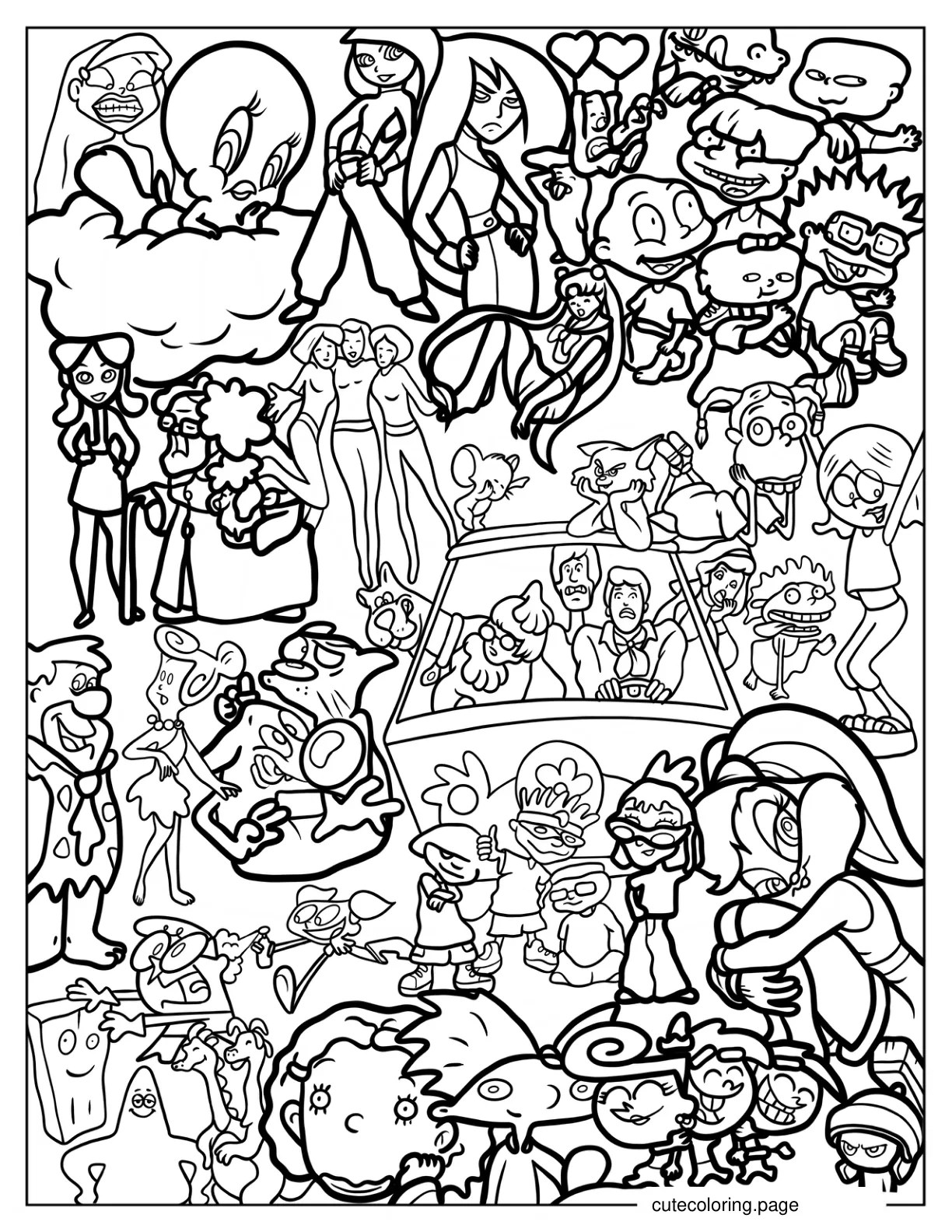 Detailed Y2k Cartoons Kim Possible Rugrats Looney Tunes Penny Proud And Scooby Doo Coloring Sheet  coloring page