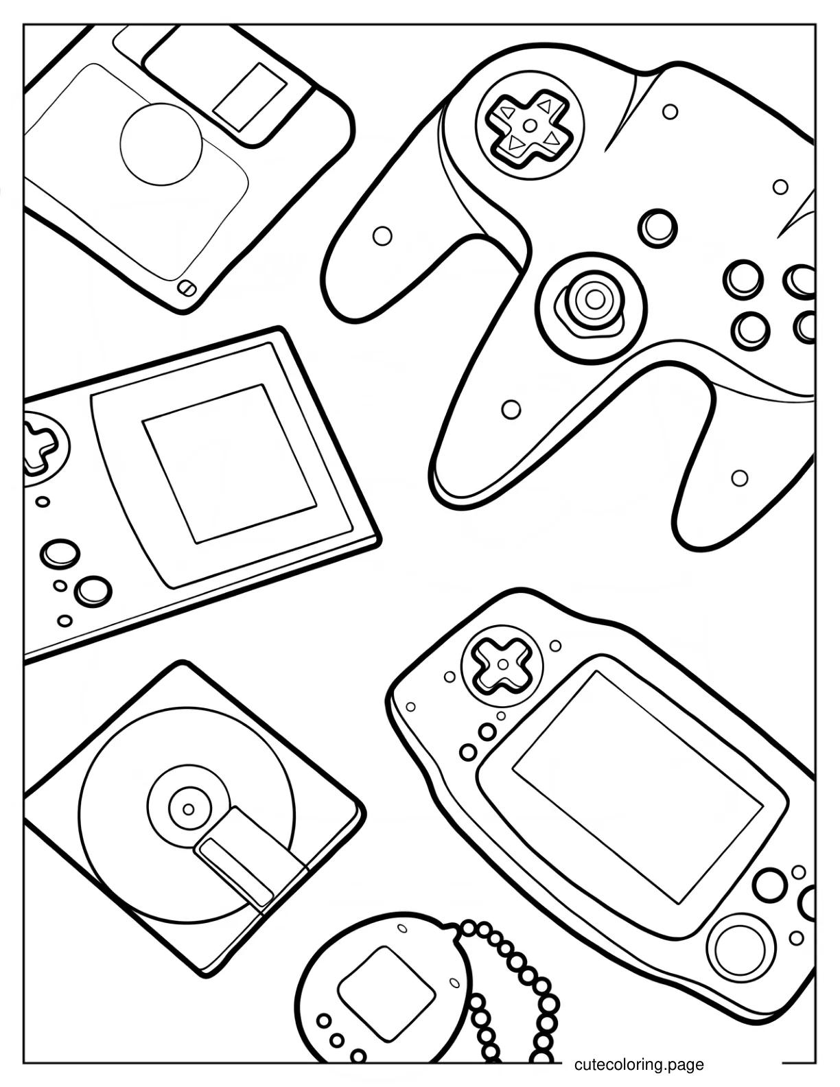 Floppy Disk PlayStation Controller Game Boy Tamagotchi And CD coloring page