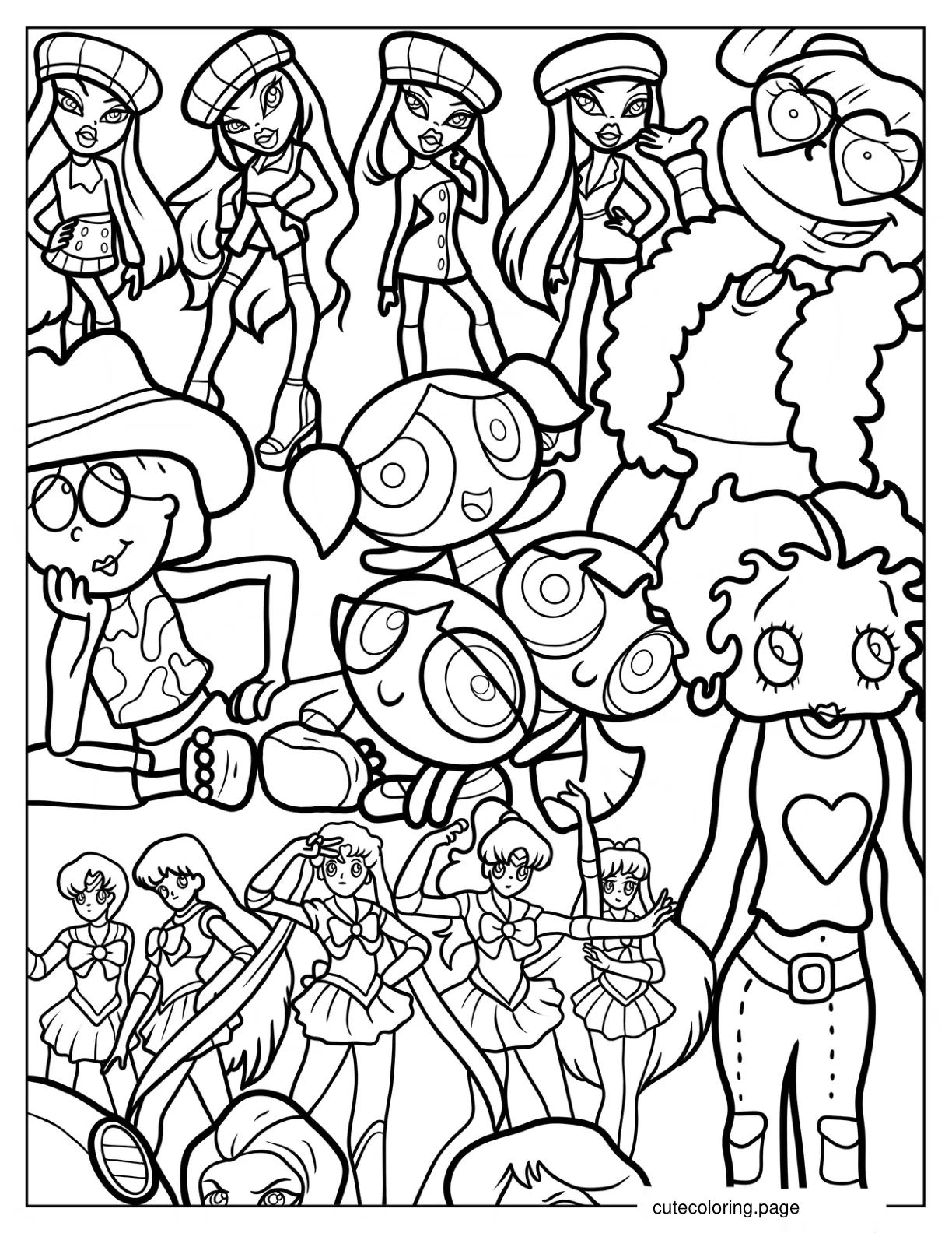 Full Page Y2k Cartoons Powerpuff Girls Betty Boop Hilary Duff Sailor Moon Bratz And Rugrats Coloring Page coloring page