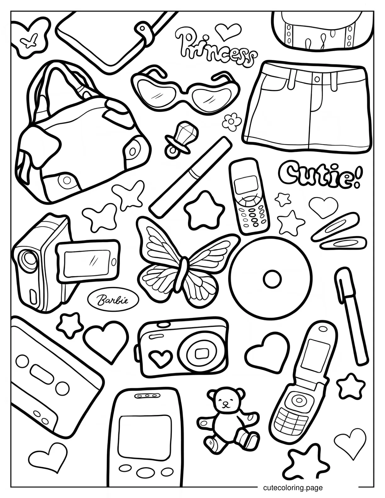 Simple Y2k Flip Phones Video Recorder Tapes And Gizmos Coloring Sheet coloring page