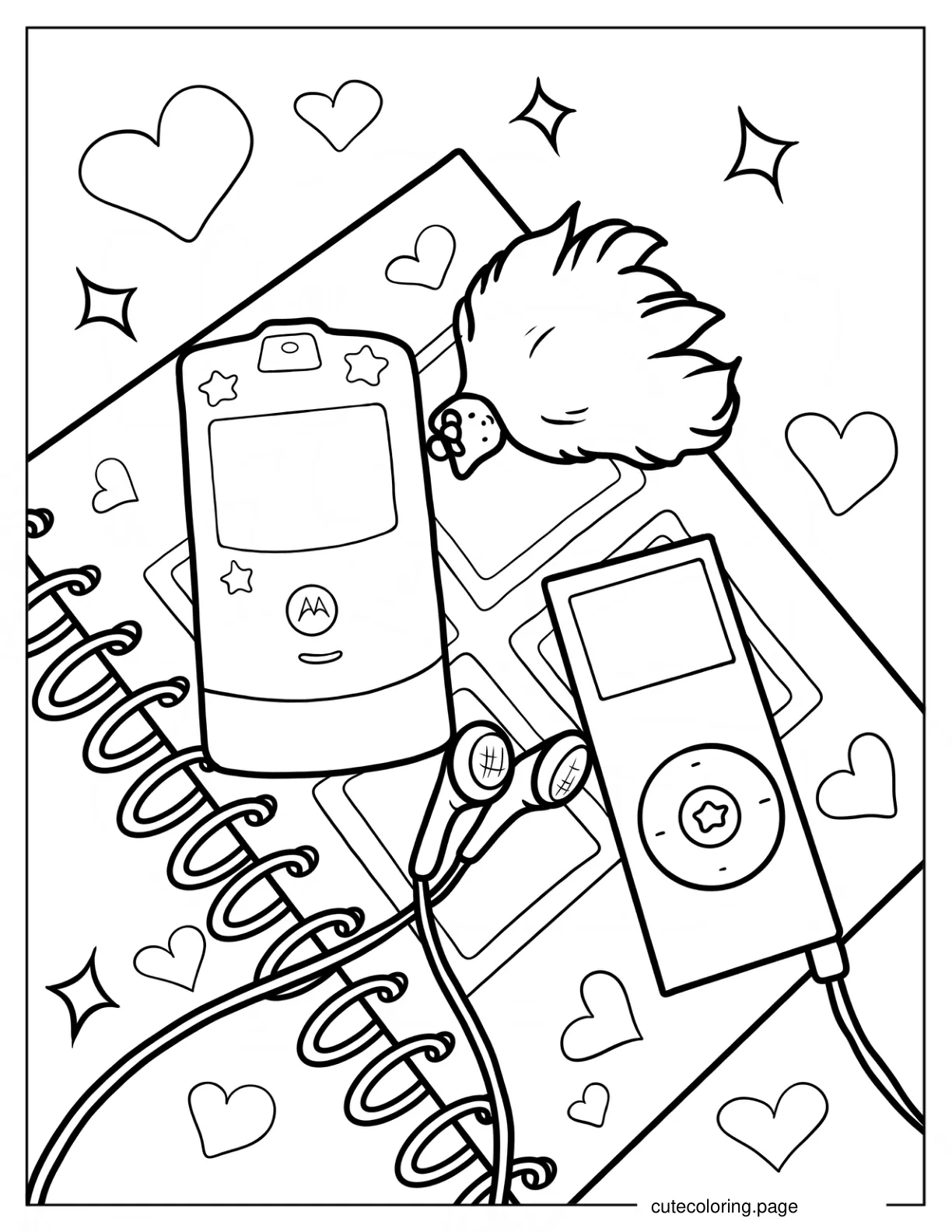 Y2k Cellphone Notebook And Ipod With Earphones Coloring Page For Kids coloring page