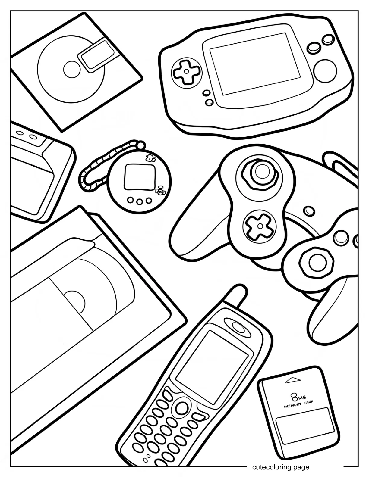 Y2k Video Game Controller Keypad Phones Memory Cards Tamagotchi VHS and Cassette Tape Coloring Page coloring page